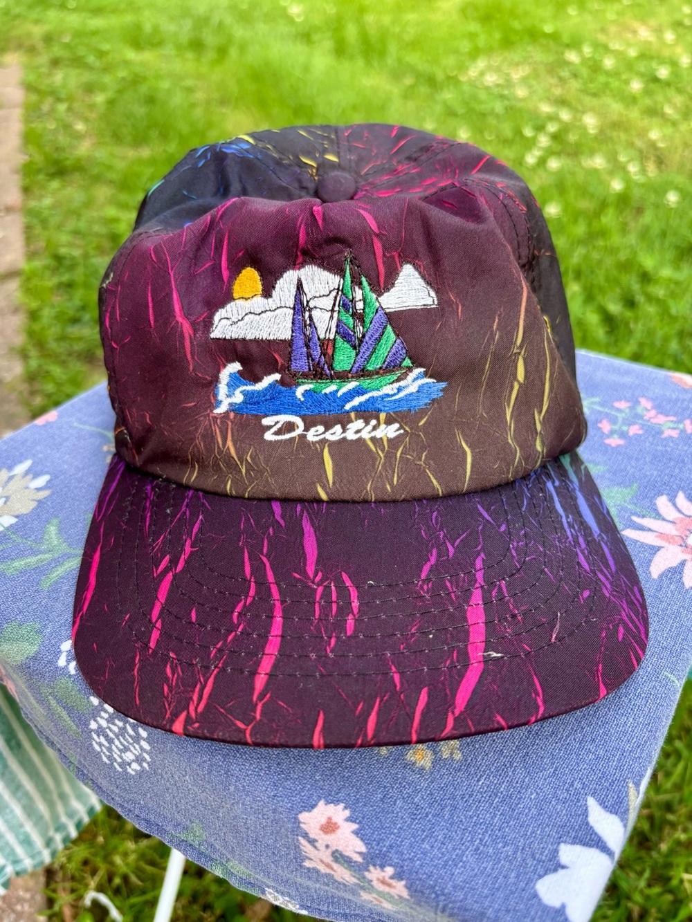 Vintage Destin Florida Embroidered Sailboat Cap w/ 90s Neon Accents ⛵️⛵️⛵️